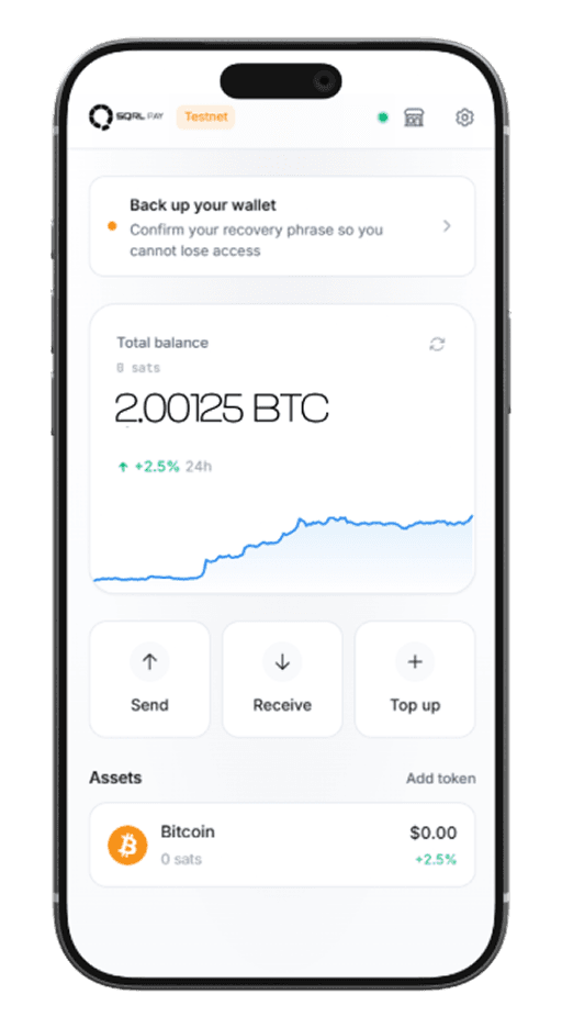 The SQRL Pay wallet on testnet, showing a 2.00125 BTC balance with send, receive and top up actions.